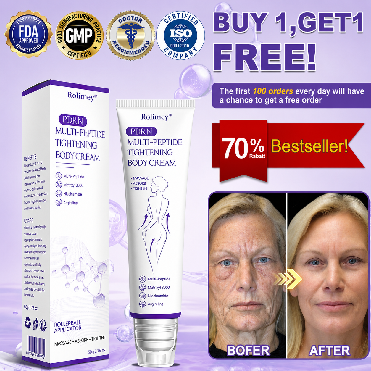 🔥Made and shipped from Australia 💫Rolimey® PDRN Multi-Peptide Massaging Roller Cream - Anti-aging, Hydrating, Skin Firming & Lifting, Skin Repair, Even Tone, Acne and Dark Spot Treatment, Wart and Mole Removal, and Psoriasis Relief.