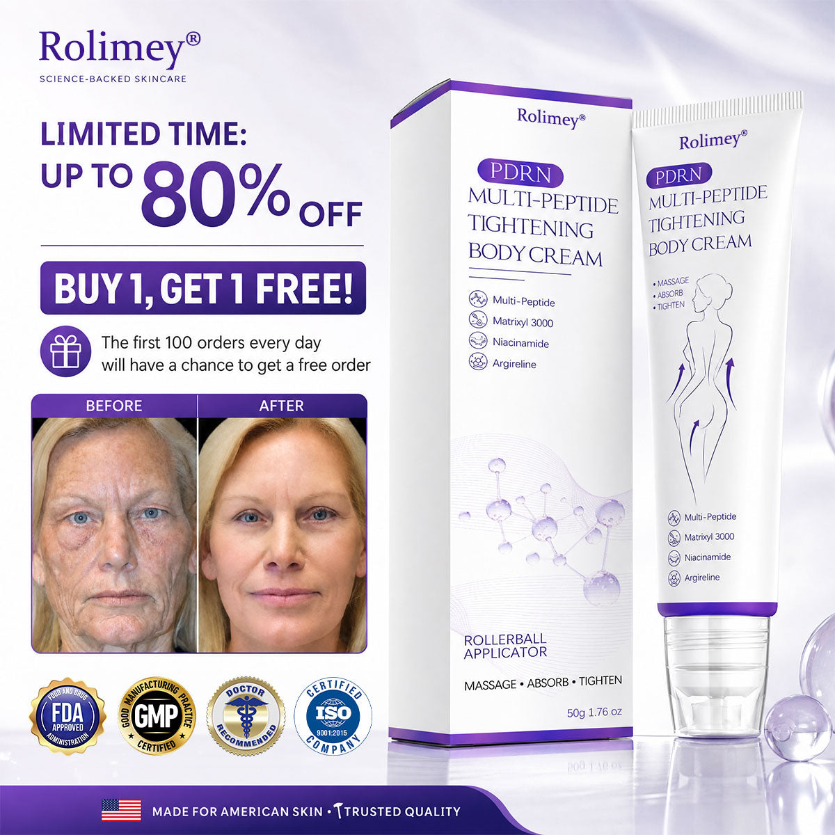 🔥Made and shipped from Australia 💫Rolimey® PDRN Multi-Peptide Massaging Roller Cream - Anti-aging, Hydrating, Skin Firming & Lifting, Skin Repair, Even Tone, Acne and Dark Spot Treatment, Wart and Mole Removal, and Psoriasis Relief.
