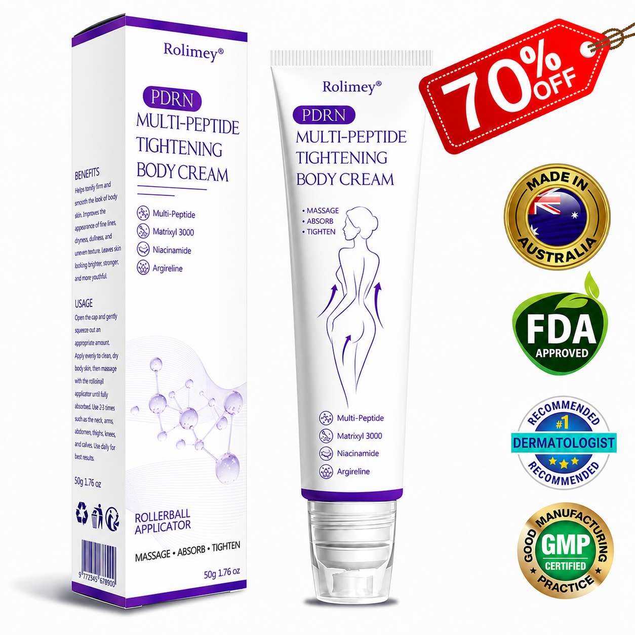 🔥Made and shipped from Australia 💫Rolimey® PDRN Multi-Peptide Massaging Roller Cream - Anti-aging, Hydrating, Skin Firming & Lifting, Skin Repair, Even Tone, Acne and Dark Spot Treatment, Wart and Mole Removal, and Psoriasis Relief.